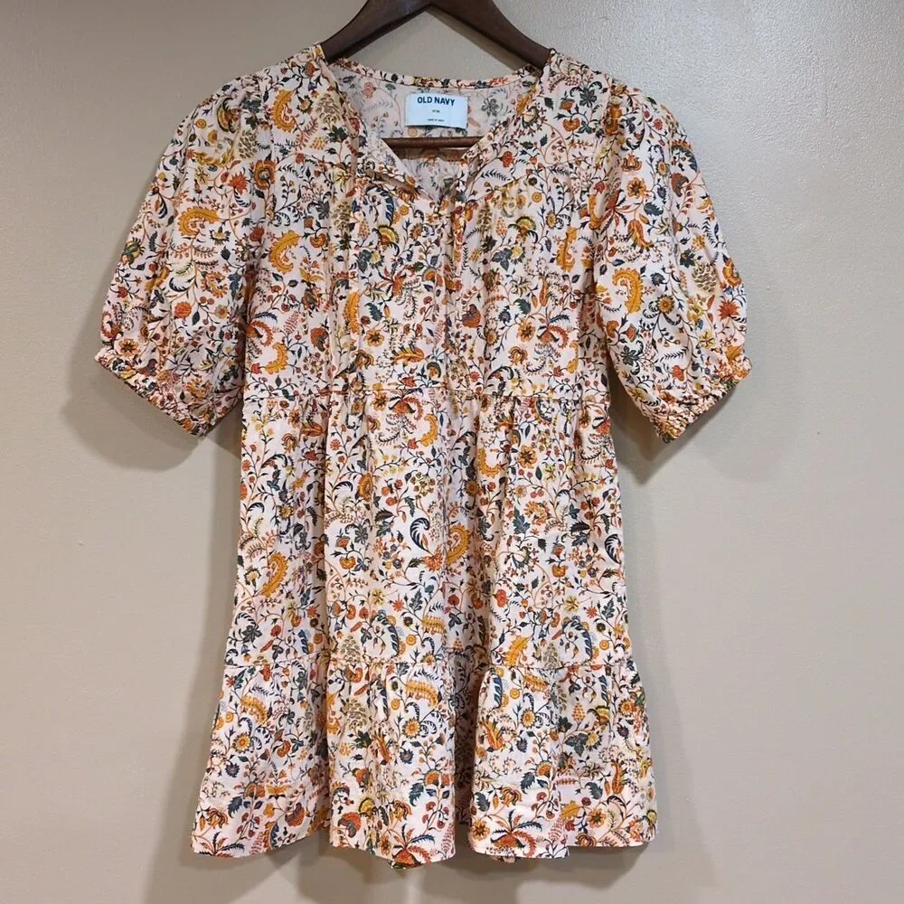 Old Navy Floral Puff‎ Sleeve Tiered Dress Girls M 8 Yellow Boho Cottage Peasant
